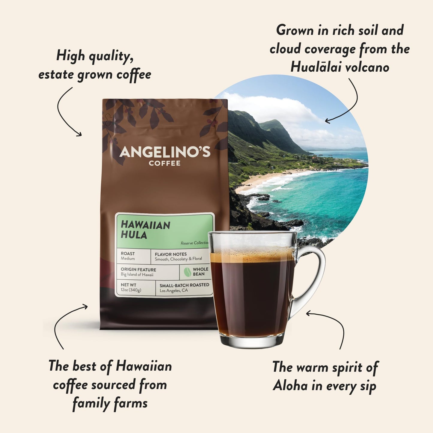 Angelinos Coffee Hawaiian Hula Reserve Whole Bean Hawaiian Coffee Blend, Medium Roast With Chocolaty Notes And Floral Undertones - Enhanced Hawaii Coffee Beans Blend