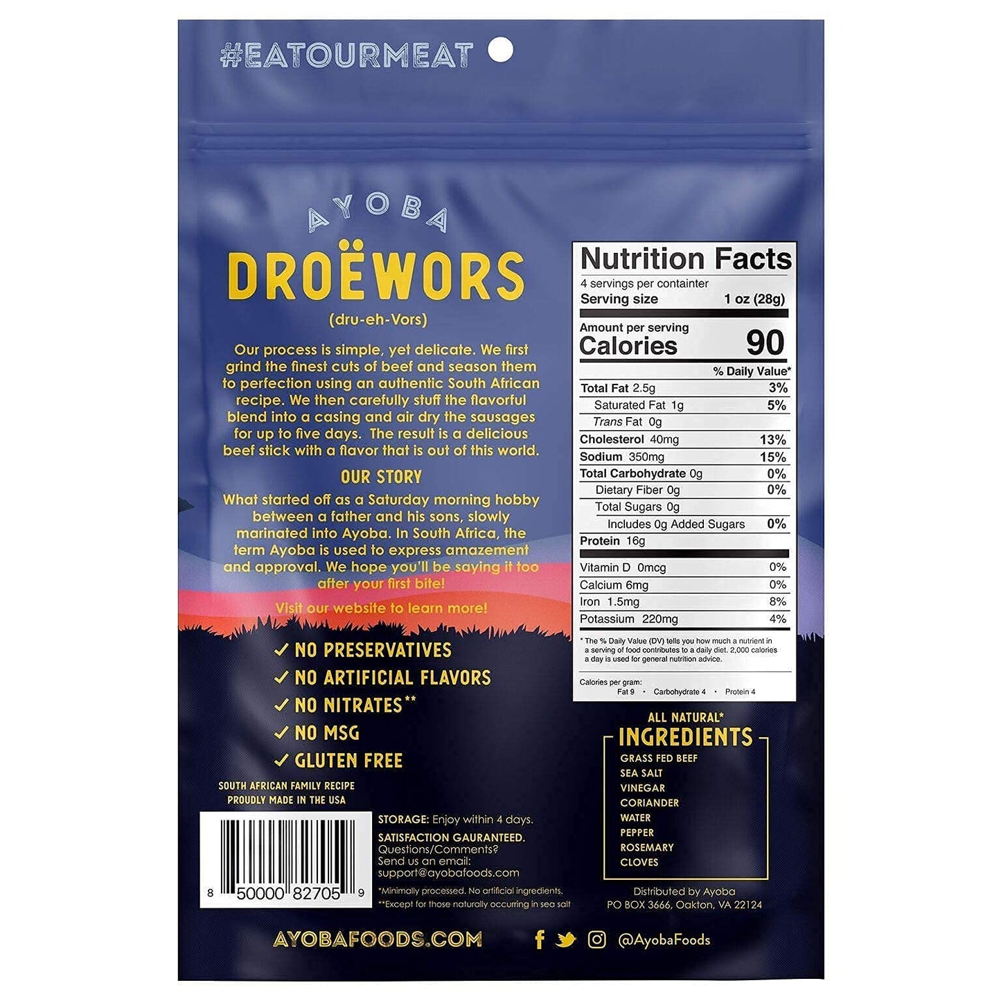 Ayoba Droewors Grass Fed Beef Paleo Sticks (4 Ounce, Pack Of 1) Keto Friendly, Air-Dried Grass Fed Beef Snack - Gluten Free, Nit