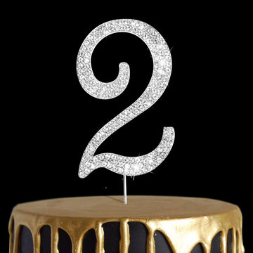 Number Cake Topper 2, Uniideco Silver Rhinestone Premium Metal Bling Bling Cake Decor, Sparkly Happy Birthday Wedding Anniversar