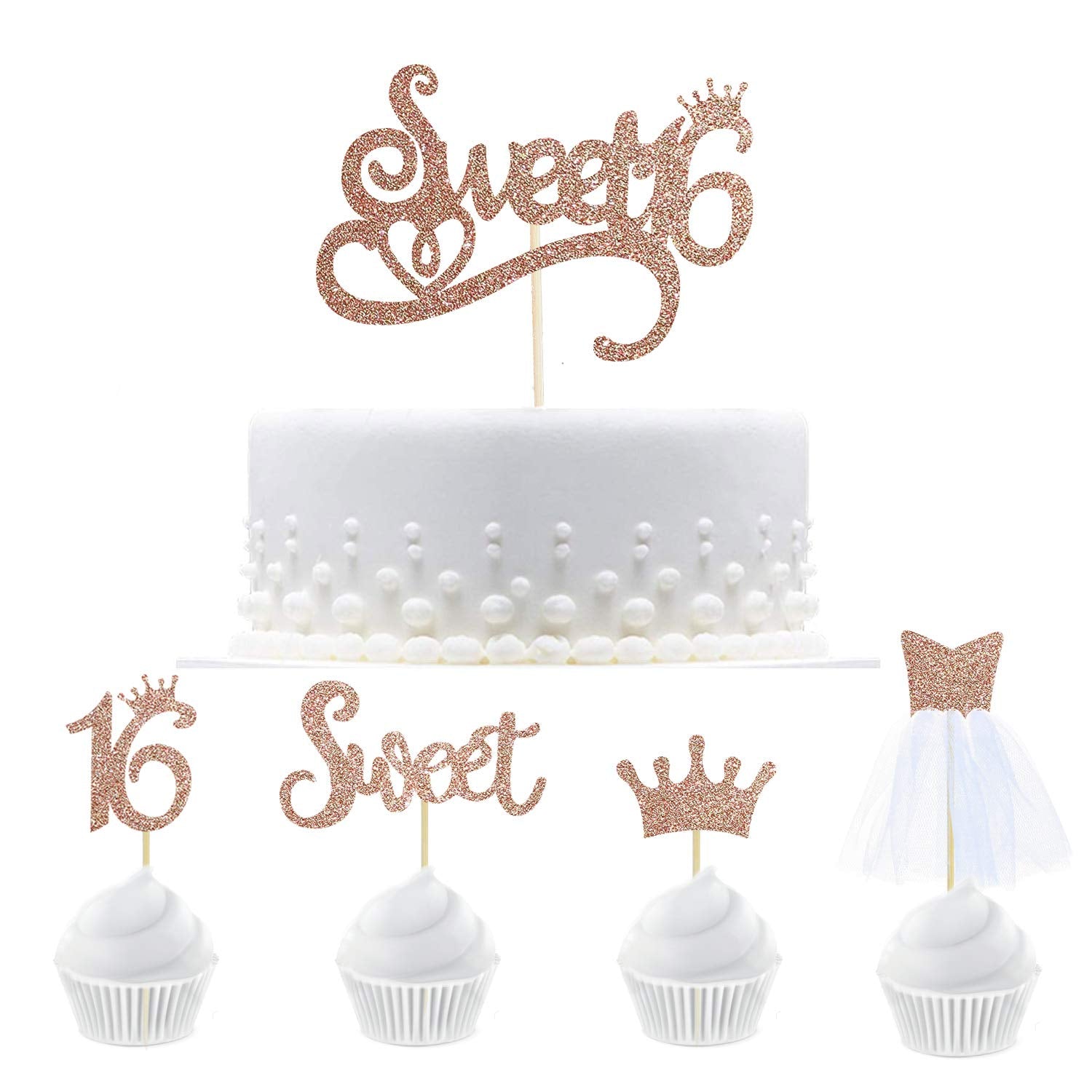 33 Pcs Rose Gold Sweet Sixteen Cupcake Topper 16Th Birthday Cake Topper Kit With Sweet 16 Sign Crown 3D Tulle Wedding Dress Cupc