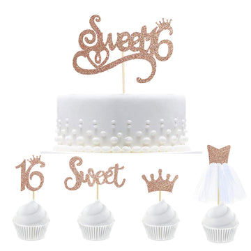 33 Pcs Rose Gold Sweet Sixteen Cupcake Topper 16Th Birthday Cake Topper Kit With Sweet 16 Sign Crown 3D Tulle Wedding Dress Cupc