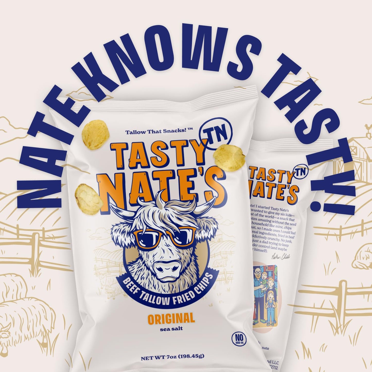 TASTY NATES Beef Tallow Potato Chips - Original Sea Salt, 7oz Pack of 2, Seed Oil Free, Paleo Snacks
