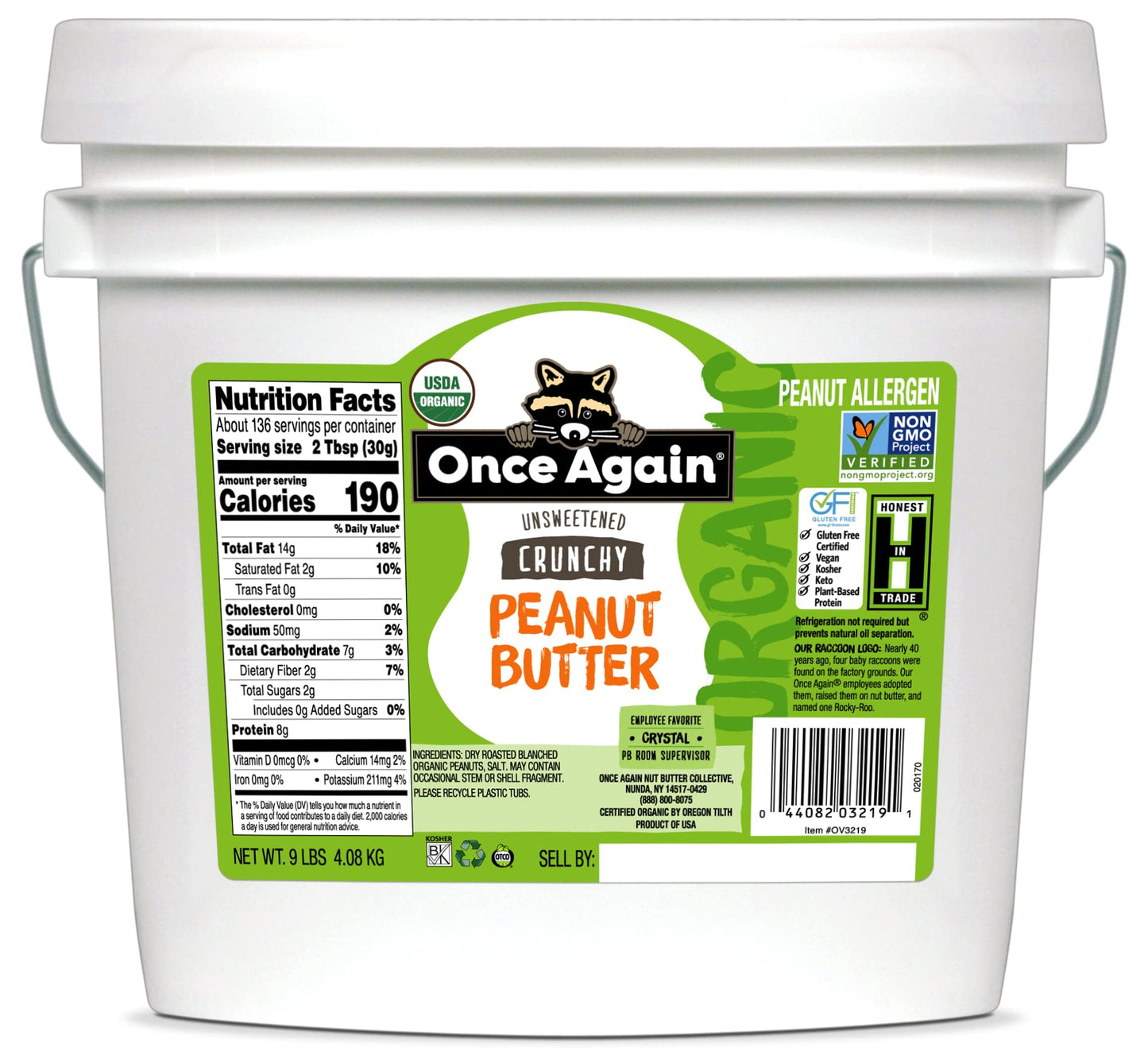 Once Again Organic Crunchy Peanut Butter, 9lb Bucket (same as 9 jars) - Lightly Salted, Unsweetened - USDA Organic, Gluten Free 