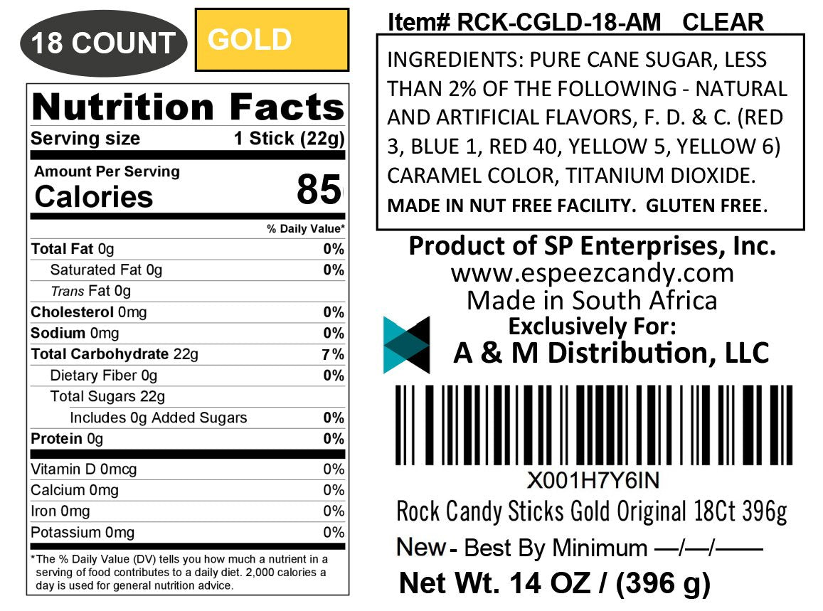Espeez Extra Large Rock Candy Sticks - 18 Count - Original Flavor - Individually Wrapped - Party Favors - Yellow, Blue, Green, White, Pink