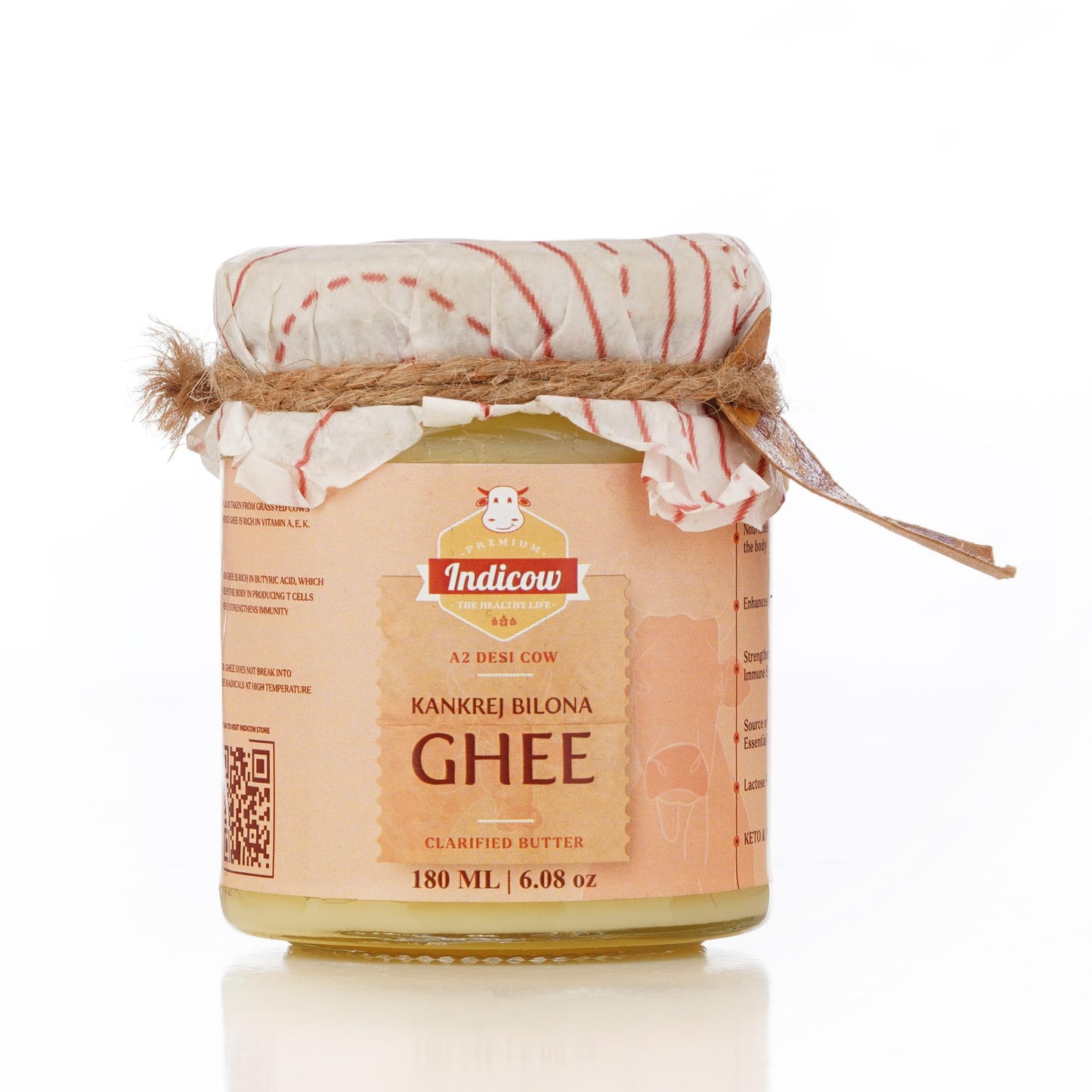 Indicow A2 Desi Cow Ghee, Clarified Butter 180ml | Grass Fed Cows | (180ml (6.08oz), A2 Kankrej Cow Ghee) | Keto and Paleo Frien