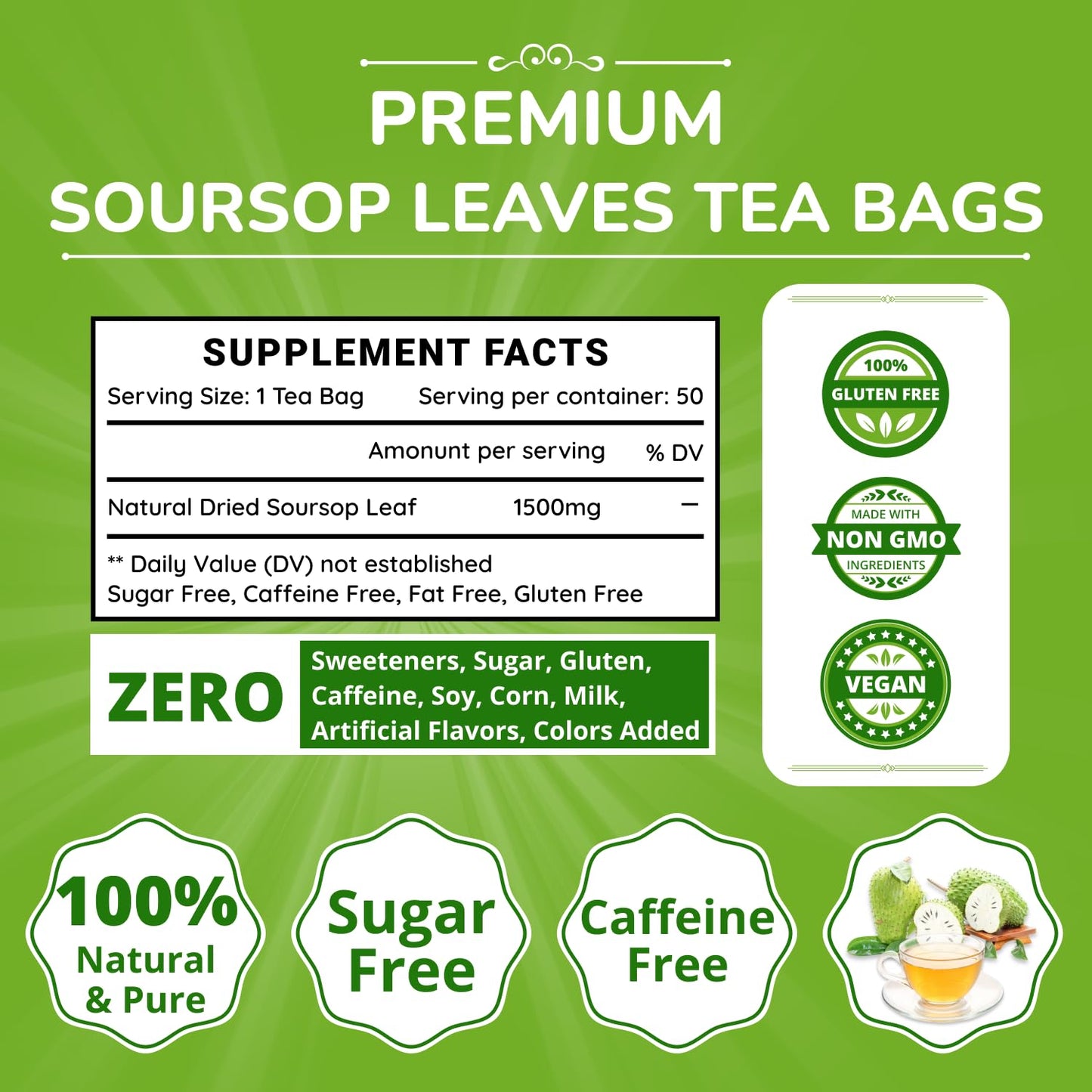 VIDA FARM Soursop Tea Bags, 100% Natural Pure Leaves, Caffeine Free, 50 Bags, Dark Yellow