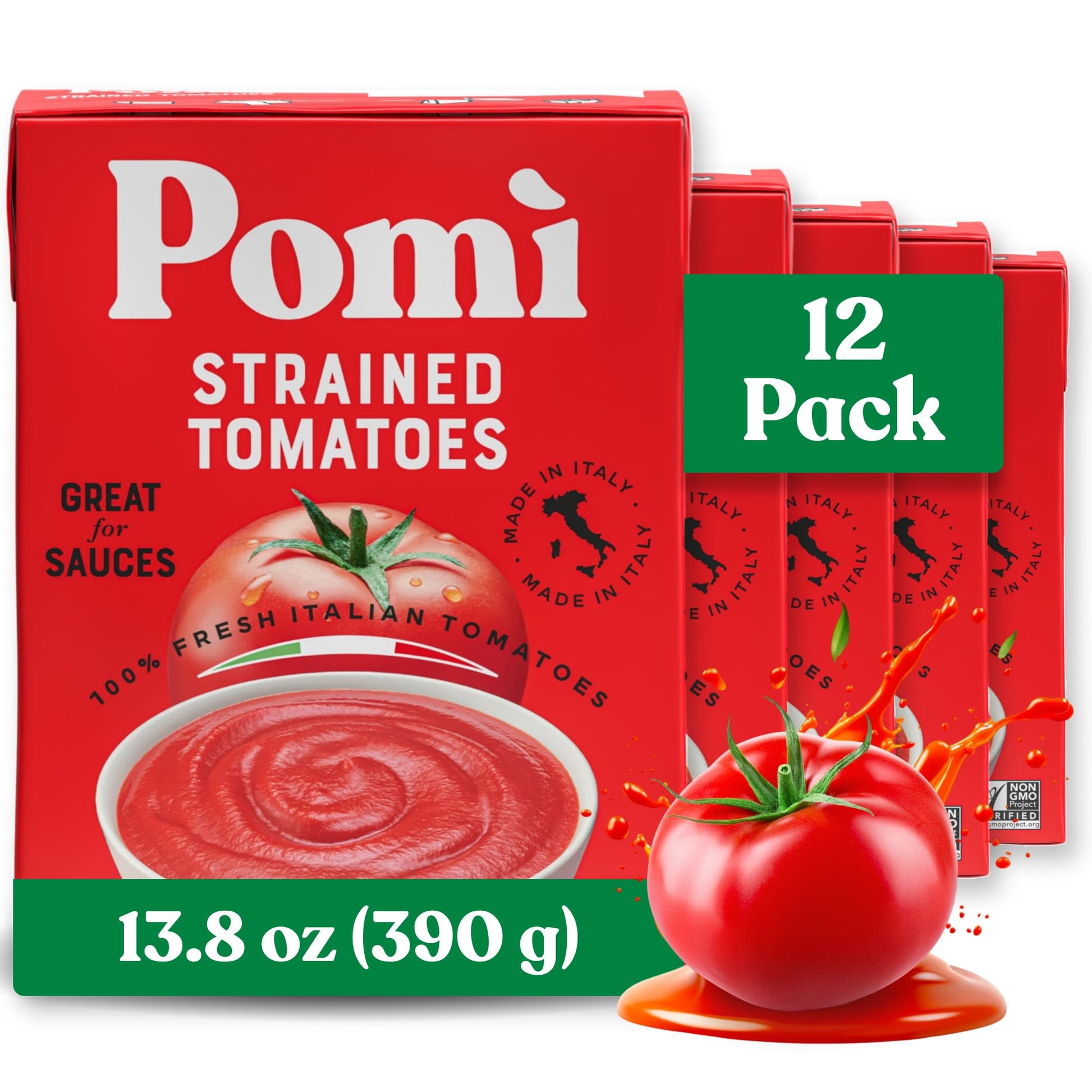Pom Strained Tomatoes 13.8oz (Pack of 12) - Creamy, Velvety Italian Tomato Puree, No Additives or Preservatives - BPA-Free Puree