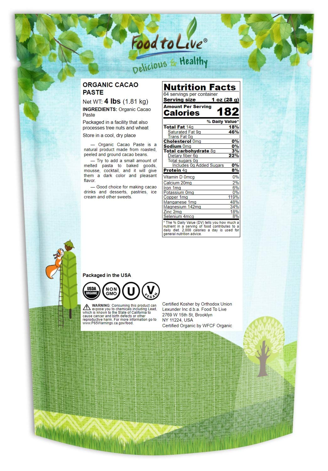Food to Live Organic Cacao Paste Wafers, Non-GMO, Keto, Vegan, 4 Pound Pack