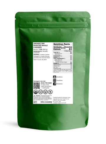 Food To Live Organic Dry Roasted Whole Cashews With Himalayan Salt, 1 Pound Non-Gmo, Oven Roasted And Lightly Salted Nuts, No Oil Added, Vegan, Kosher. High In Protein. Great Wholesome Snack