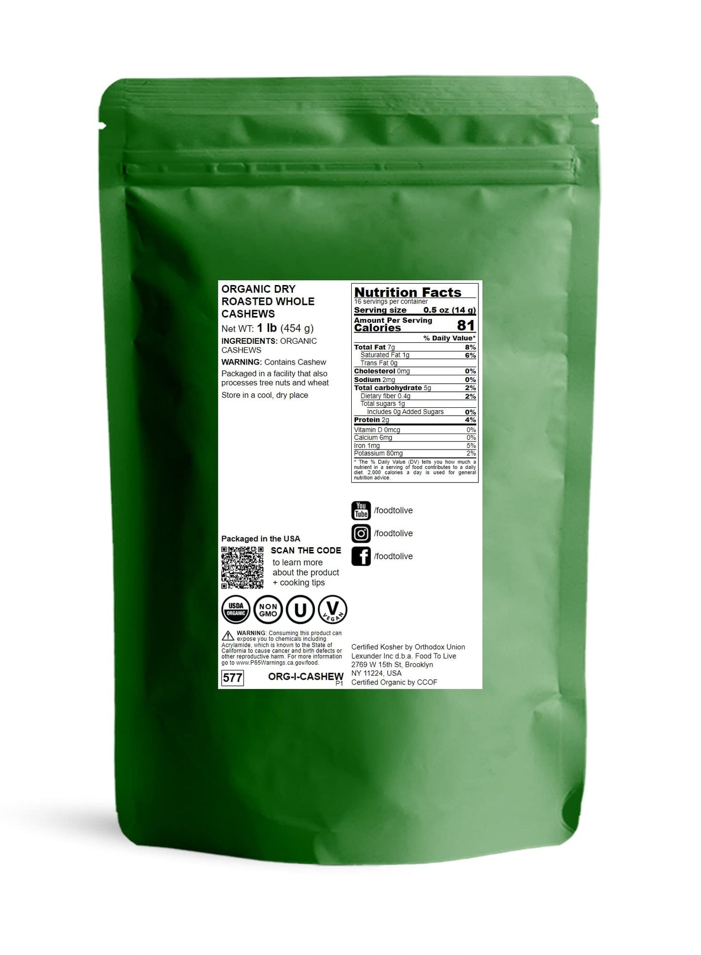Food to Live Organic Dry Roasted Whole Cashews, 1 Pound Non-GMO, Unsalted, Oven Roasted Nuts, No Oil Added, Kosher, Vegan, Bulk.