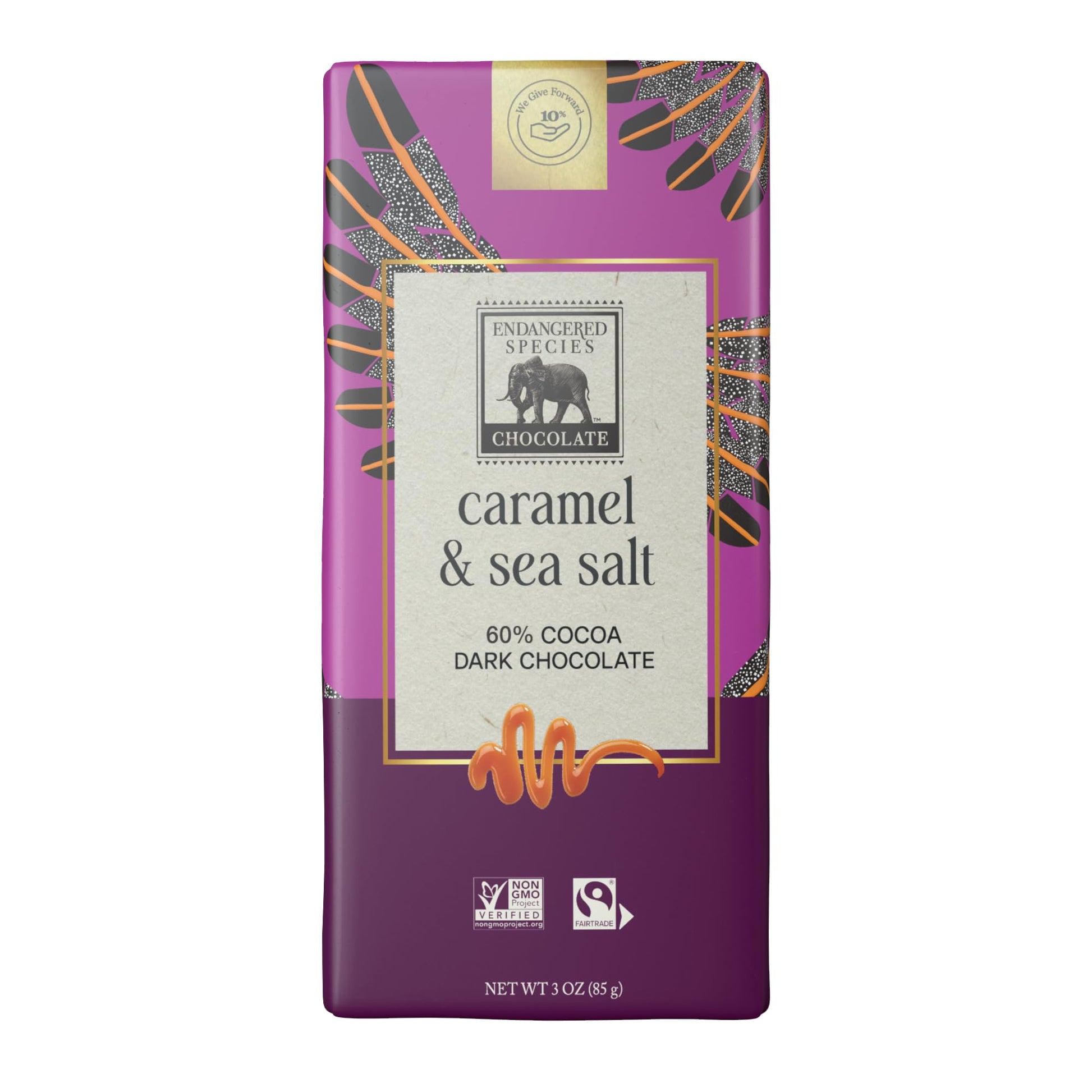 Endangered Species, Dark Chocolate Sea Salt Caramel Bar, 3 Oz