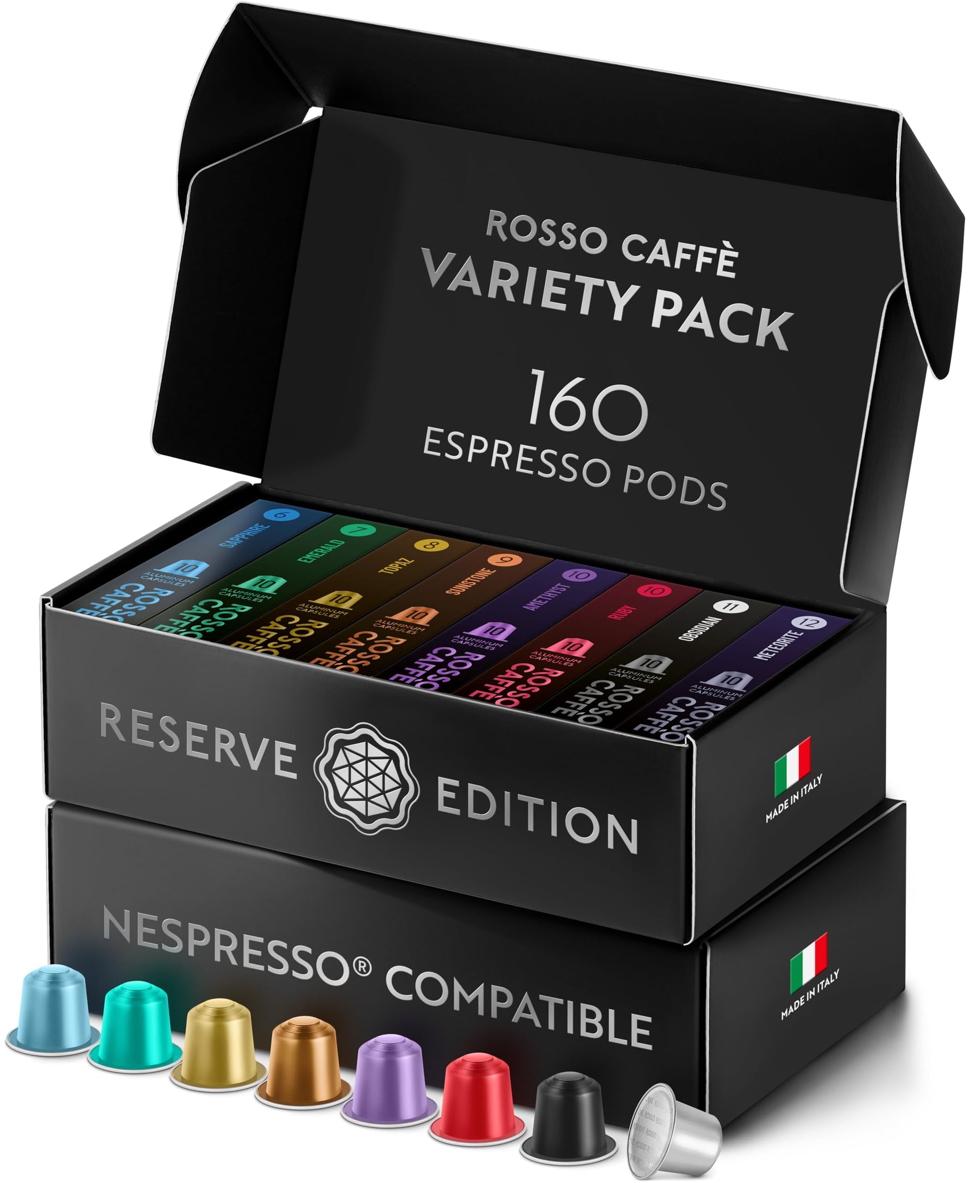 ROSSO CAFF Espresso Coffee Pods  Compatible with Nespresso Original Machines  Reserve Variety Pack  160 Capsules - Made in Italy