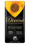 Divine Chocolate Bars - 70% Dark Chocolate with Ginger & Orange - Made with Fairtrade Cocoa, Natural Ingredients, No Artificial 