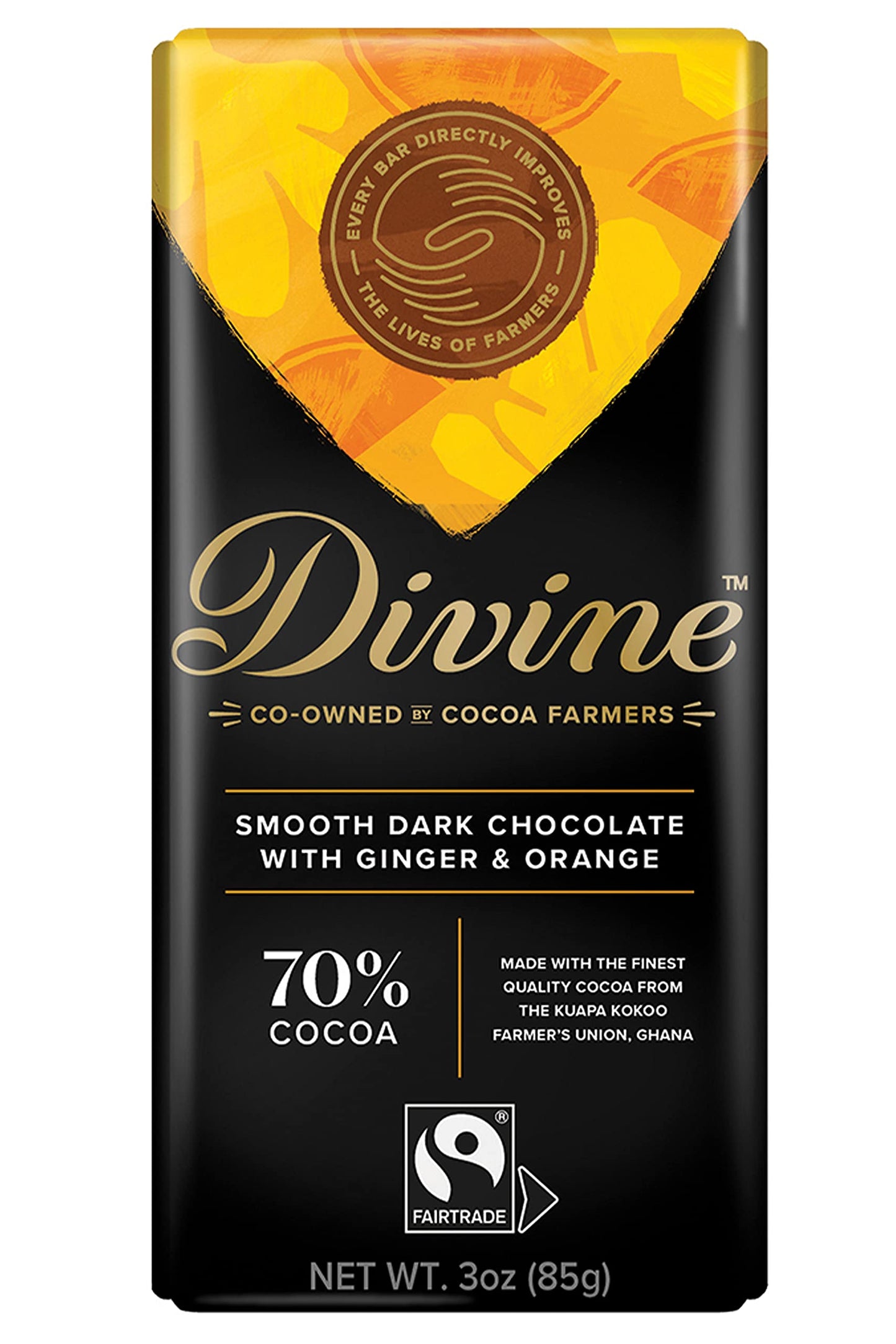 Divine Chocolate Bars - 70% Dark Chocolate with Ginger & Orange - Made with Fairtrade Cocoa, Natural Ingredients, No Artificial 
