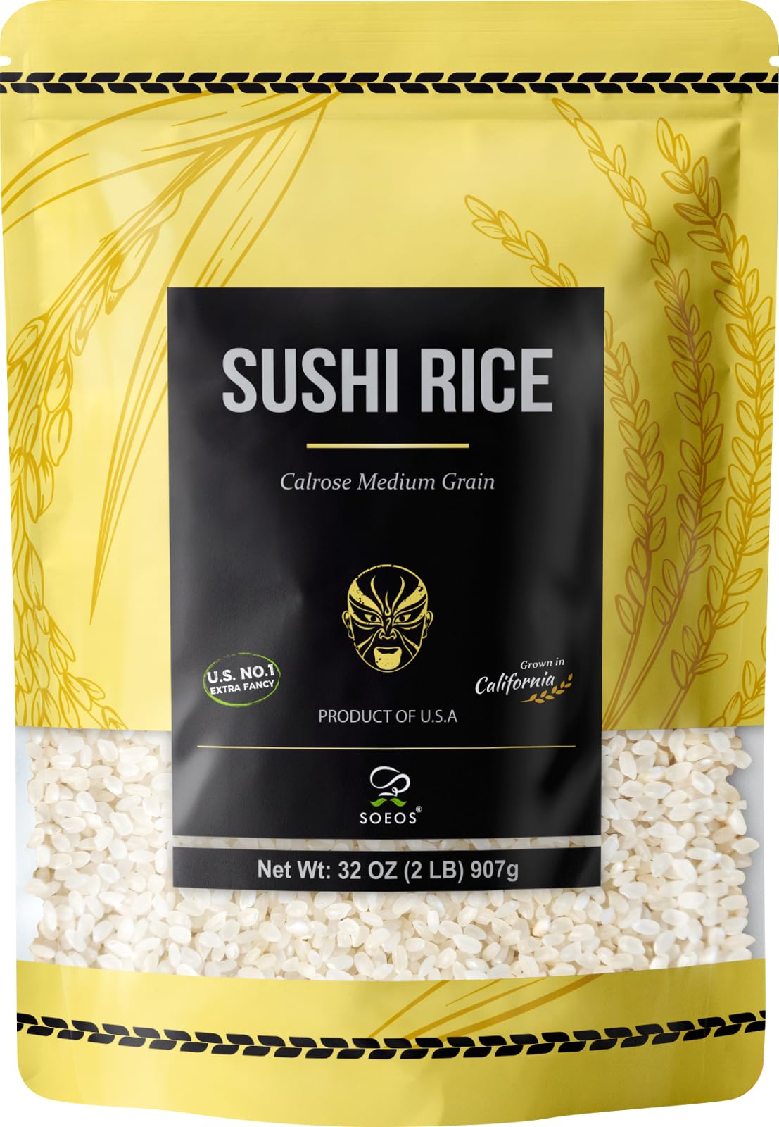 Soeos Sushi Rice, Medium Grain, White Sticky Rice For Sushi Rolls And Japanese Food, Calrose Rice, 2 Pound (32 Ounce)
