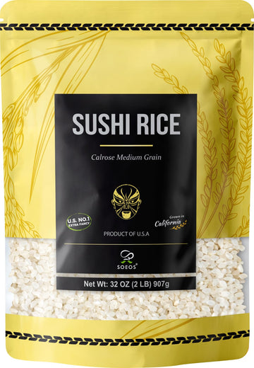 Soeos Sushi Rice, Medium Grain, White Sticky Rice For Sushi Rolls And Japanese Food, Calrose Rice, 2 Pound (32 Ounce)