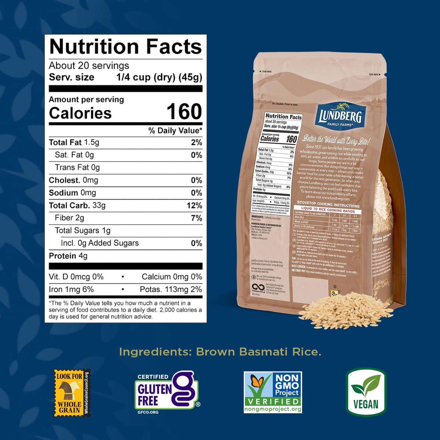 Lundberg Basmati Rice, Long Grain Brown Rice - Non-Sticky, Fluffy Aromatic Rice, Sustainably Grown In California, Pantry Staples