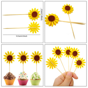 Honbay 24Pcs Cute Sunflower Cupcake Toppers Fruit Picks Cake Decorations