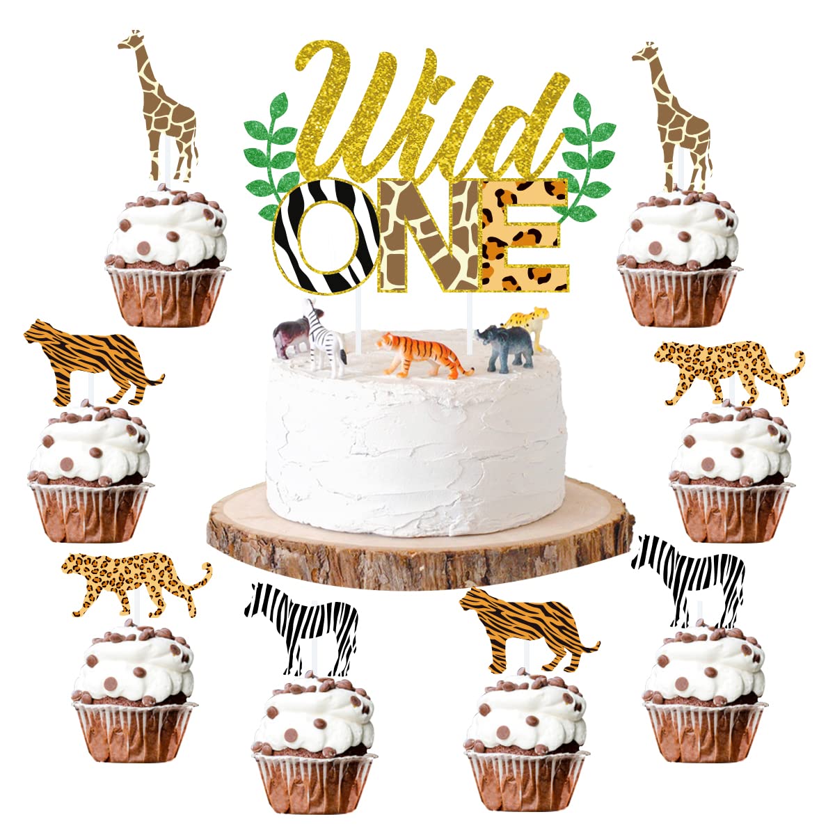 Sursurprise Wild One Cake Topper - Jungle Animals Cupcake Toppers, 25 Pack, First Birthday Decorations, Leopard Cheetah Theme