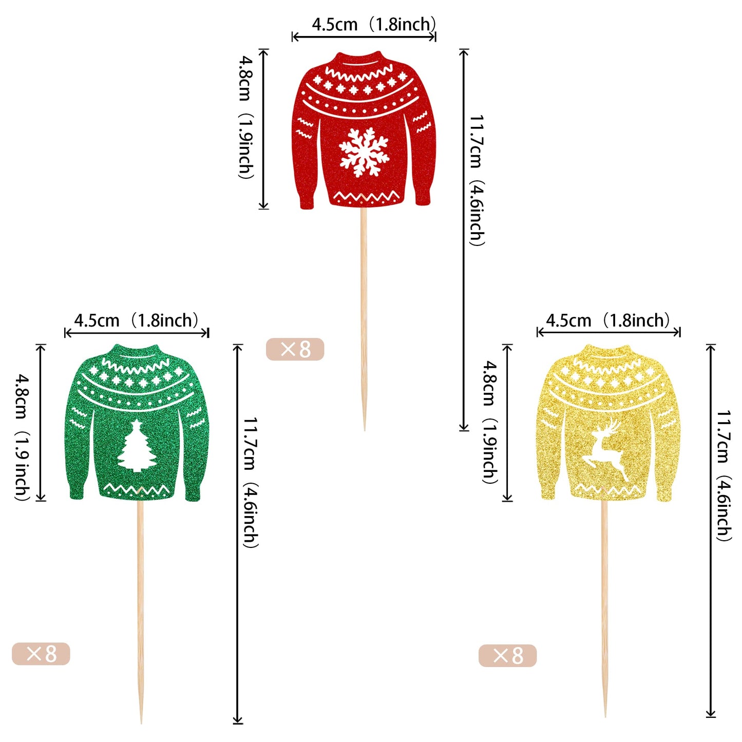 24 Pcs Ugly Sweater Cupcake Toppers Gold Green Red Glitter Christmas Tree Deer Snowflake Cupcake Picks Winter Merry Christmas Th