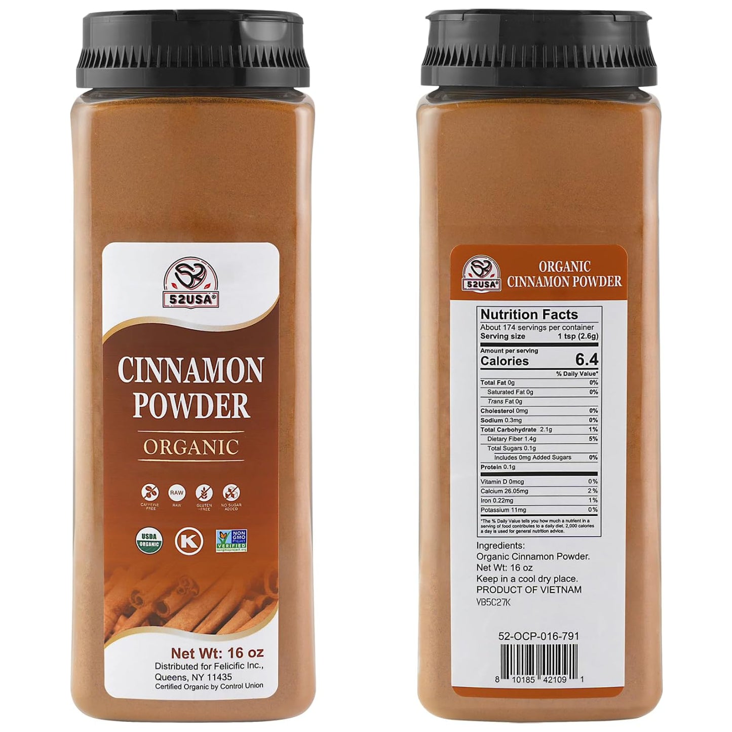 52USA Organic Cinnamon Powder 1 lb (16oz) Pure Ground Cinnamon  100% Certified enhanced Quality Spice-Great for Baking Cooking and Drinks Additive Free  USDA & Kosher Certified  Non-GMO Gluten Free