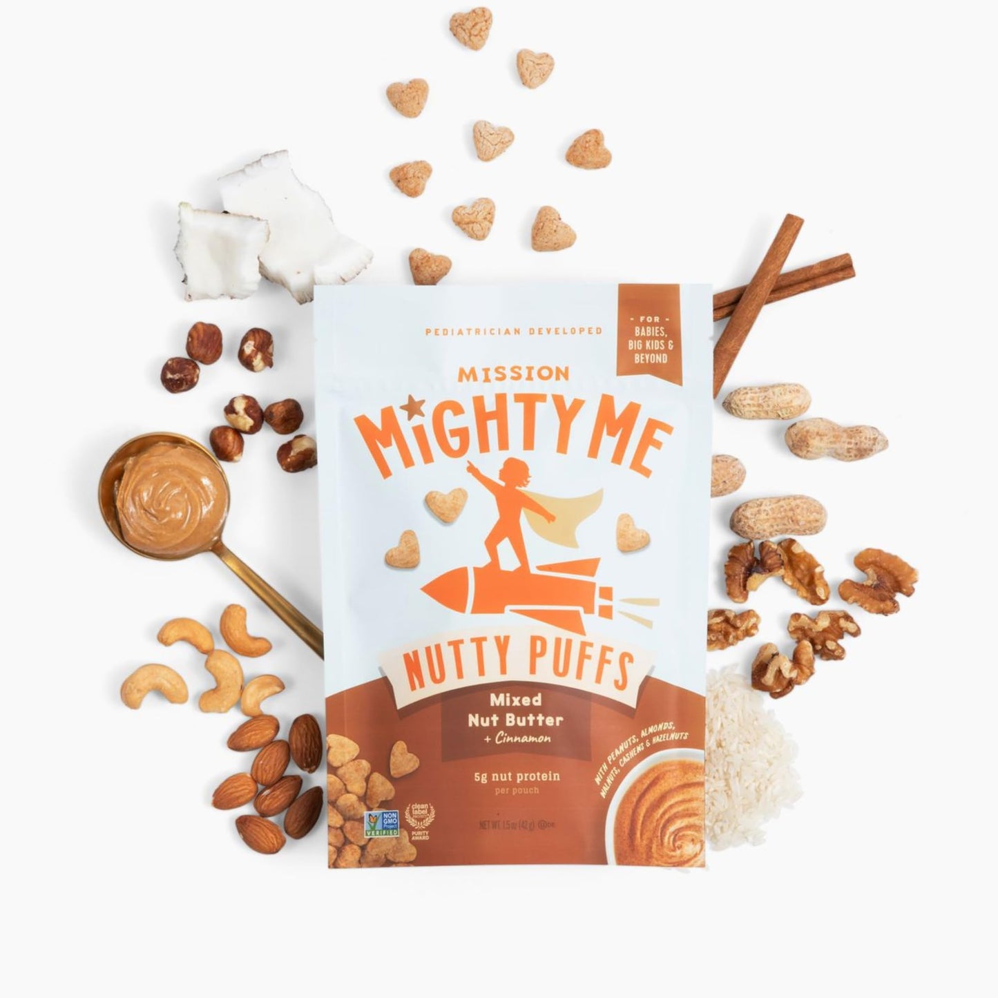 Mission Mighty Me Nutty Puffs Mixed Nut Butter Puffs for Babies + Kids - Pediatrician Developed - USDA Organic Peanut and Tree N