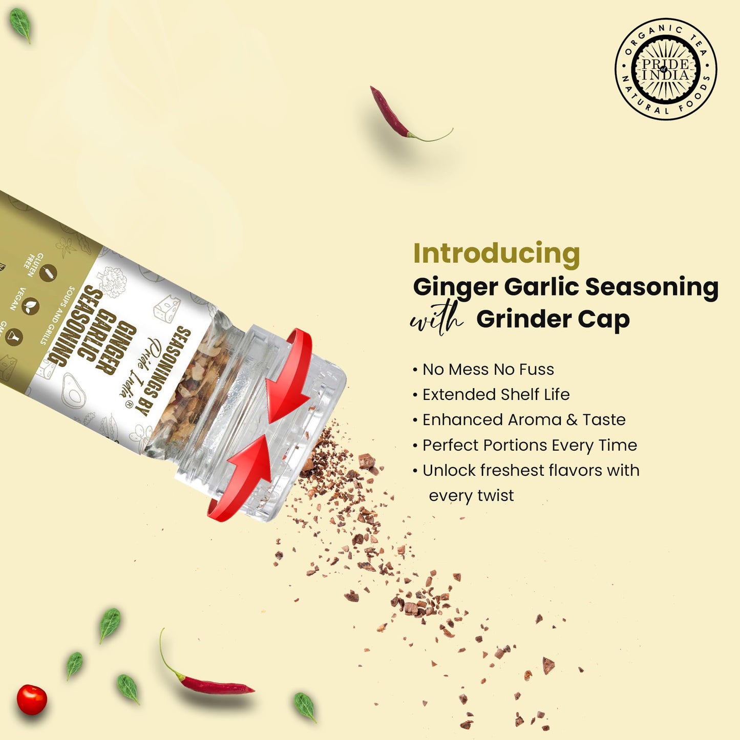 Pride of India Ginger Garlic Seasoning 2.3 oz Vegan Gluten Free with Grinder Cap - Yellow