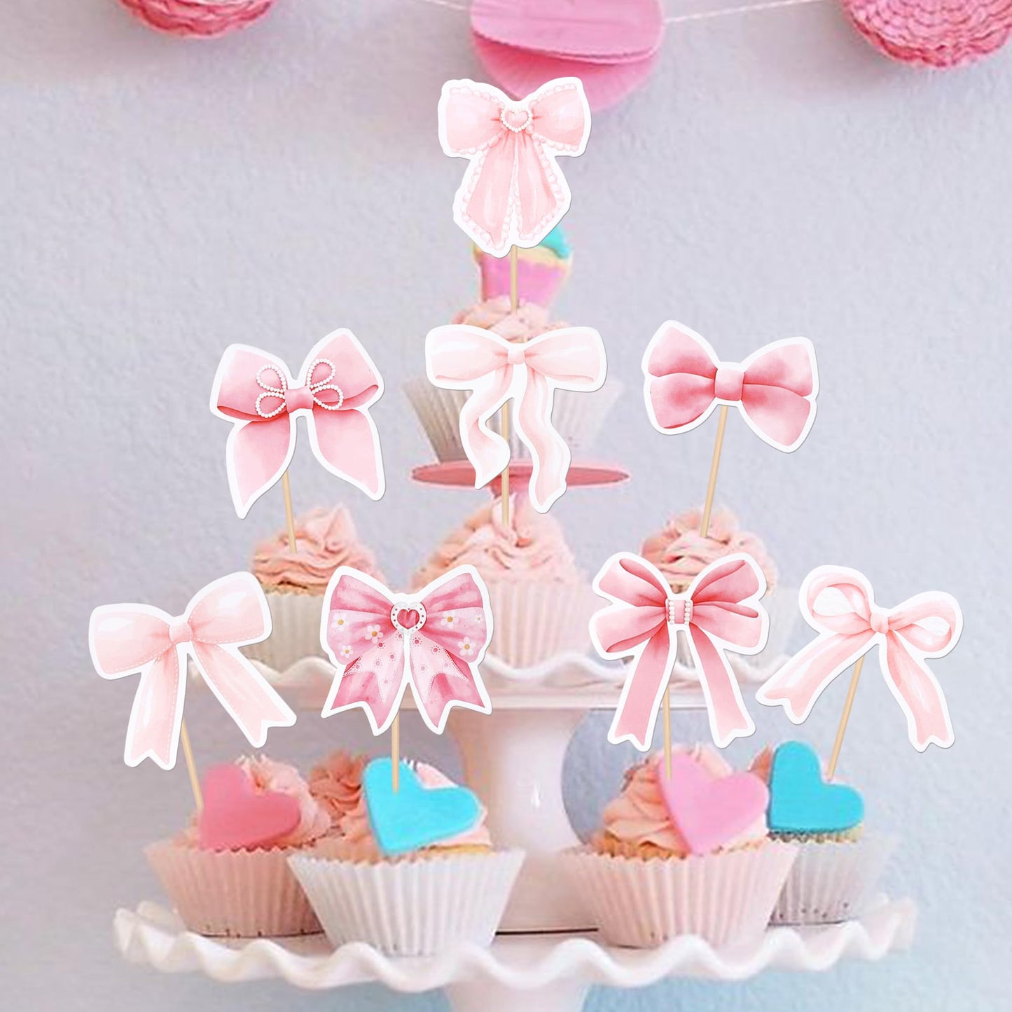 YCTHUNFISH Bowknot Cupcake Toppers - 40 Pack Paper Picks for Wedding, Bridal Shower, Birthday Party - Pink Decor