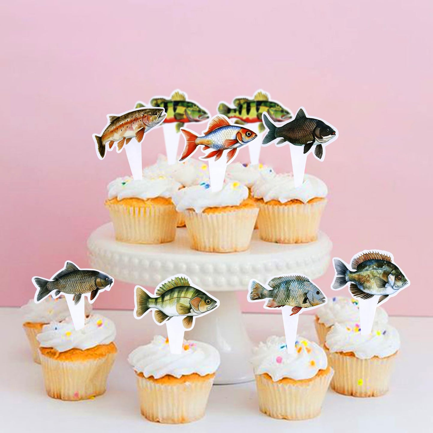 Cyodoos 24Pcs Fish Cupcake Toppers Go Fishing Theme Decorations Baby Shower Boys Girls Happy Birthday Party Tropical Party Cake