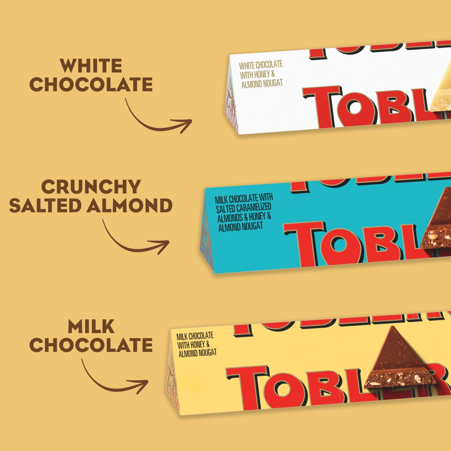 Toblerone Chocolate Gift Box (Milk Chocolate, White Chocolate, & Milk Chocolate With Salted Caramelized Almonds Chocolate Bars), Valentines Day Chocolate Candy, 9 - 3.52 Oz Bars