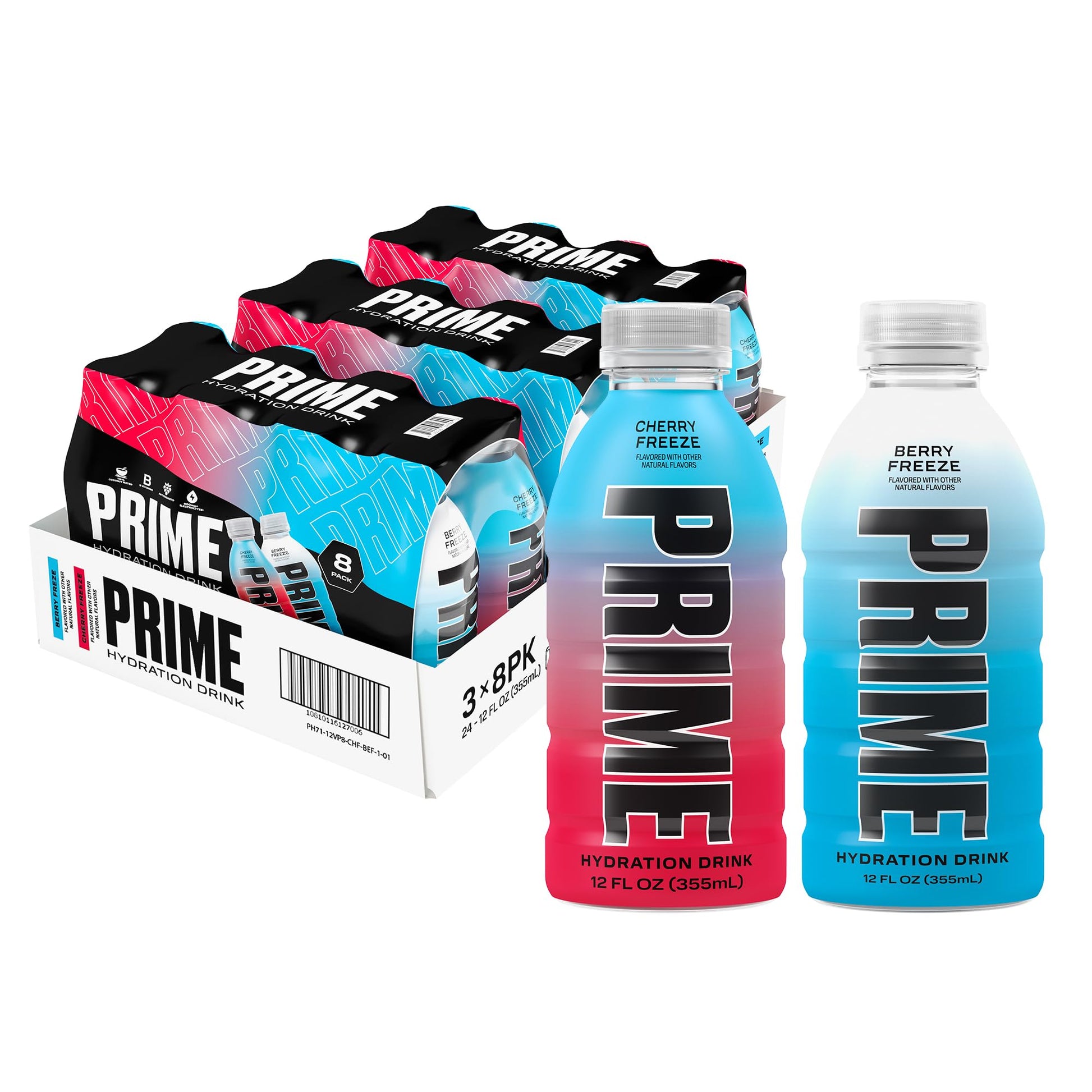PRIME HYDRATION Sports Drinks Duo - Blue Freeze & Cherry Freeze, Electrolyte Enhanced, 12 Fl Oz (Pack of 24)