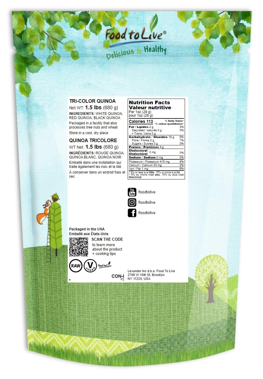 Food To Live Tri-Color Quinoa Grain, 1.5 Pounds - Blend Of White, Black, And Red Whole Seeds. Pre-Washed And Ready To Cook. A Nu