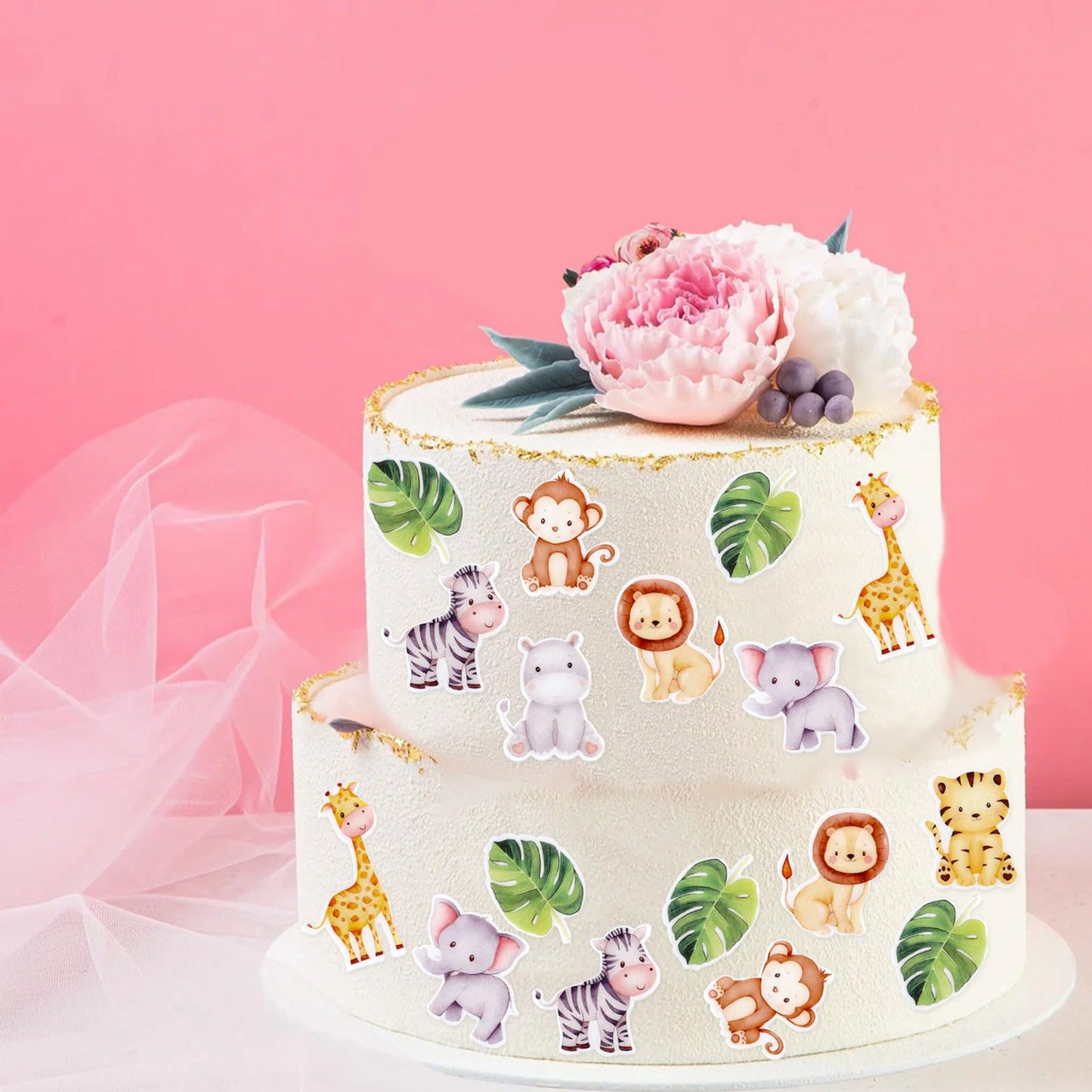 40Pcs Edible Animal Cupcake Toppers Edible Wafer Paper Flower Cupcake Picks Baby Shower Baby Girl Boy Birthday Party Drink Toppe
