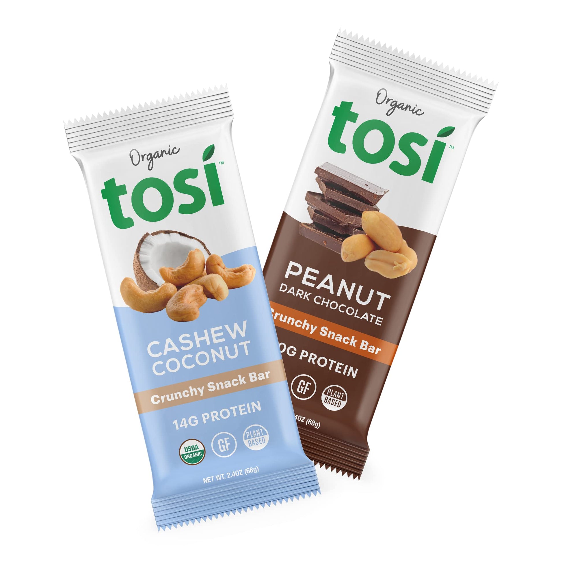 Tosi Cashew Coconut And Dark Chocolate Peanut Butter Protein Bars Combo, Plant Based With Nuts, Gluten-Free Crunchy Snacks, Vega