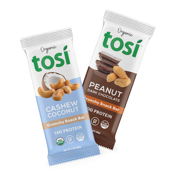 Tosi Cashew Coconut And Dark Chocolate Peanut Butter Protein Bars Combo, Plant Based With Nuts, Gluten-Free Crunchy Snacks, Vega