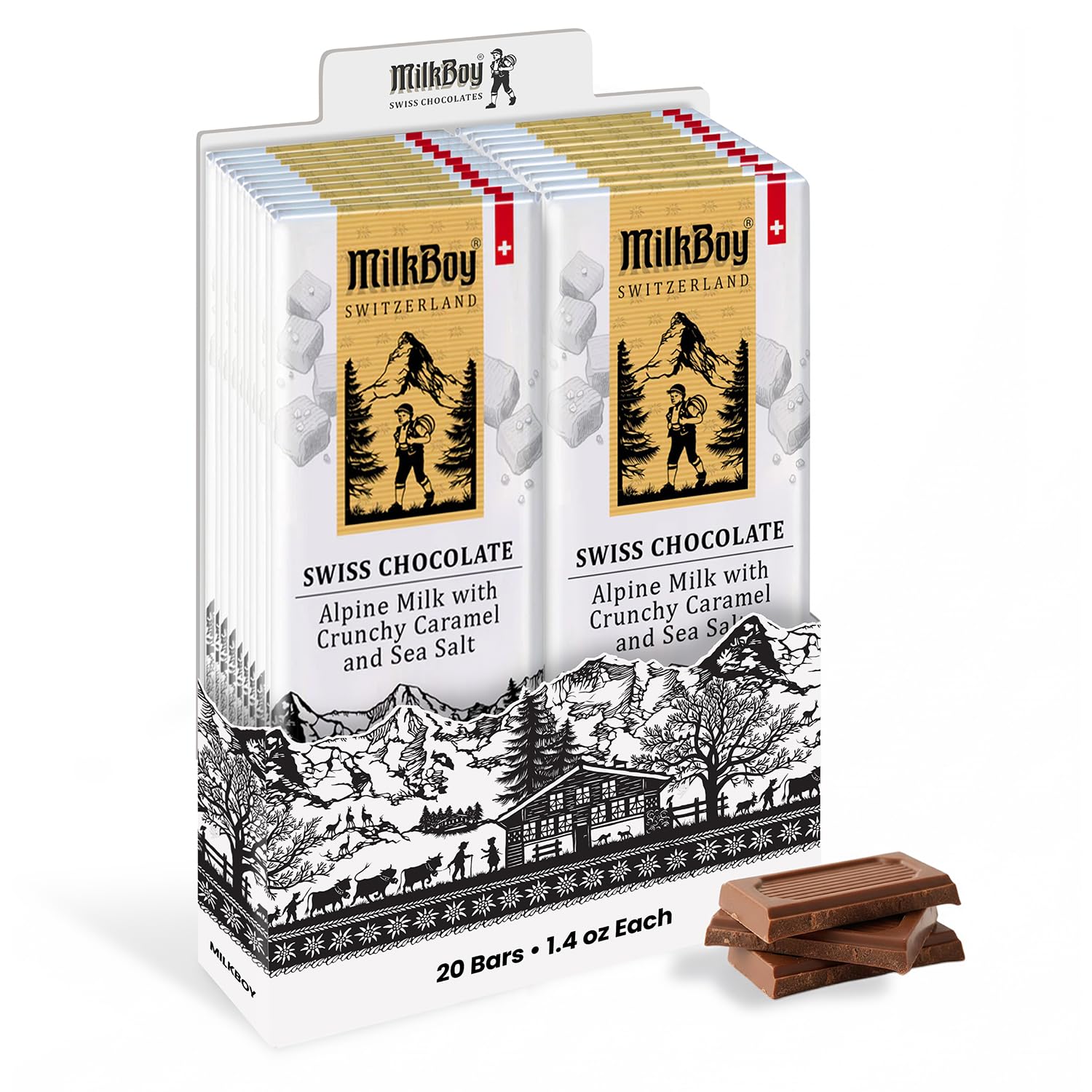 Milkboy Swiss Chocolates Milk Chocolates - Top-High Standardlpine Milk Chocolate Bars With Crunchy Caramel & Sea Salt - Made In Switzerland - Gmo Free - Each 1.4 Oz - 20 Pack