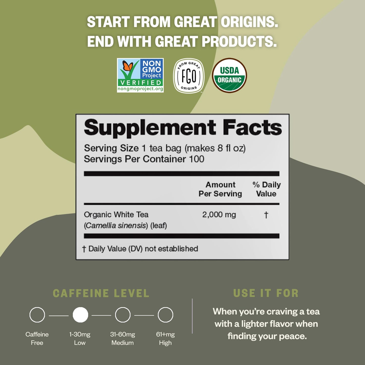 Fgo Organic White Tea, Eco-Conscious Tea Bags, 100 Count