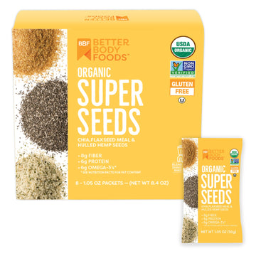 Betterbody Foods Superfood Organic Super Seeds - Blend Of Organic Chia Seeds, Milled Flax Seed, Hemp Hearts, 1.05 Oz Packets (Pack Of 24)