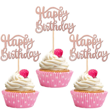 36 Pcs Happy Birthday Cupcake Toppers Glitter Birthday Cupcake Picks Celebrating Birthday Party Cake Decorations Supplies Rose G