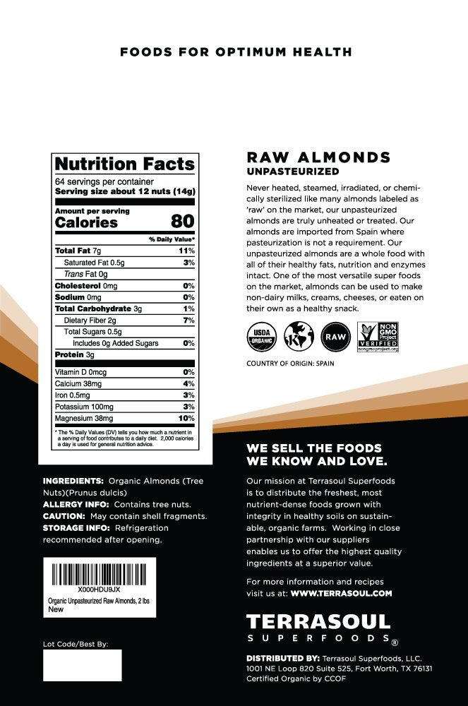 Terrasoul Superfoods Raw Unpasteurized Organic Almonds (Sproutable), 4 Pounds