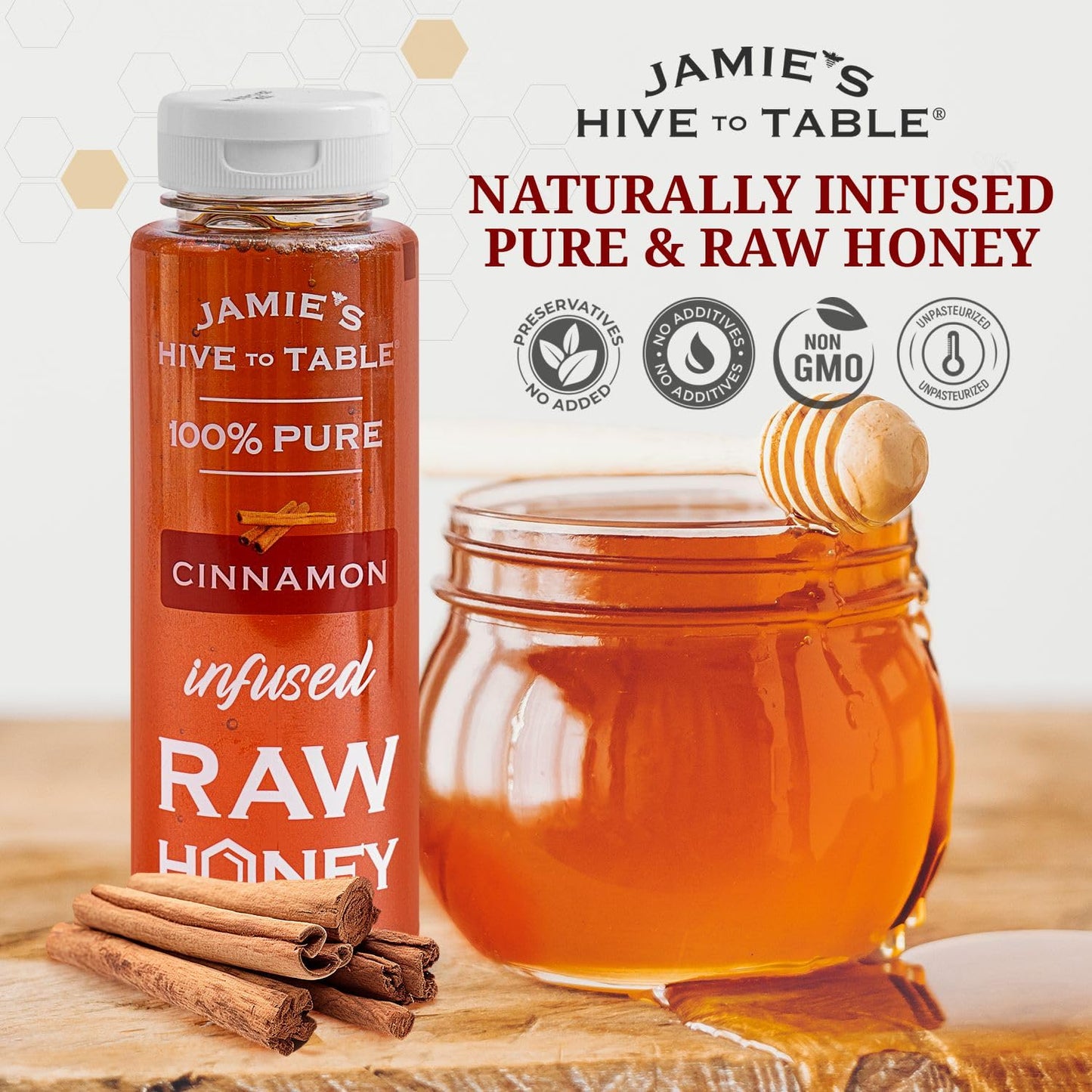 Jamie'S Hive To Table Cinnamon Flavored Honey, 12 Oz - 100% Raw & Unfiltered Honey With A Warm & Spiced Flavor - Perfect For Cof