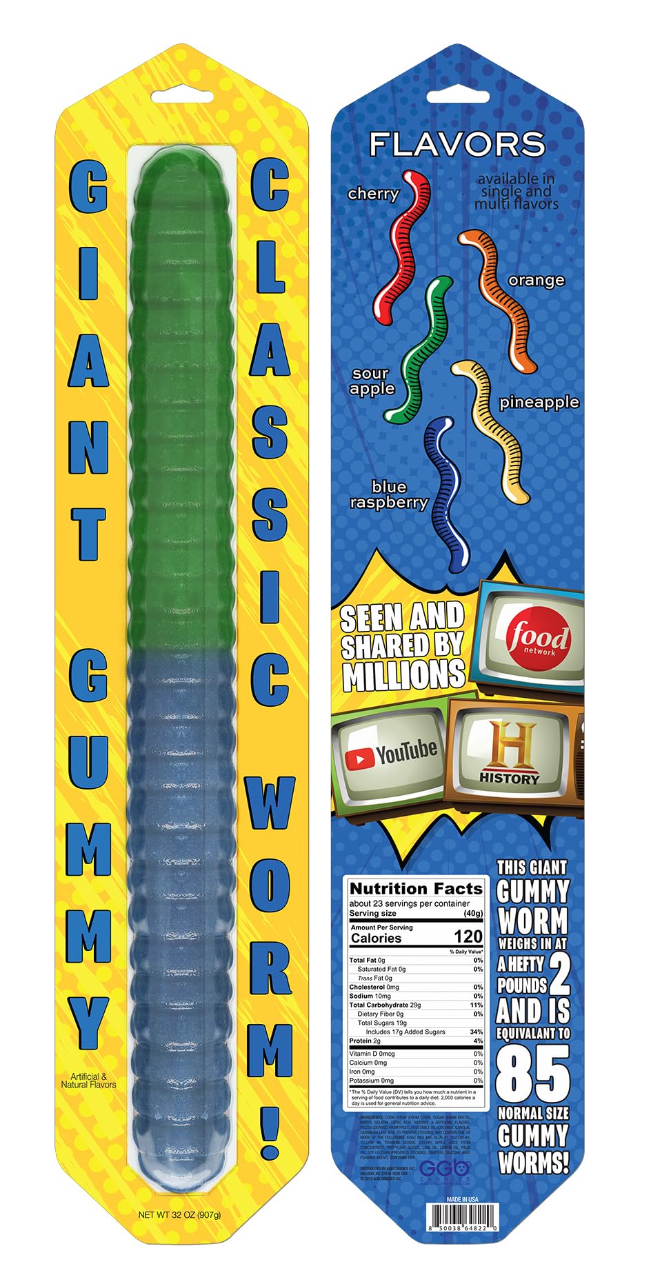 Giant Gummy Worm - Large 2 Pound Gummy Candy With Big Fruity Flavor From Ggb Candies (Sour Apple/Blue Raspberry)