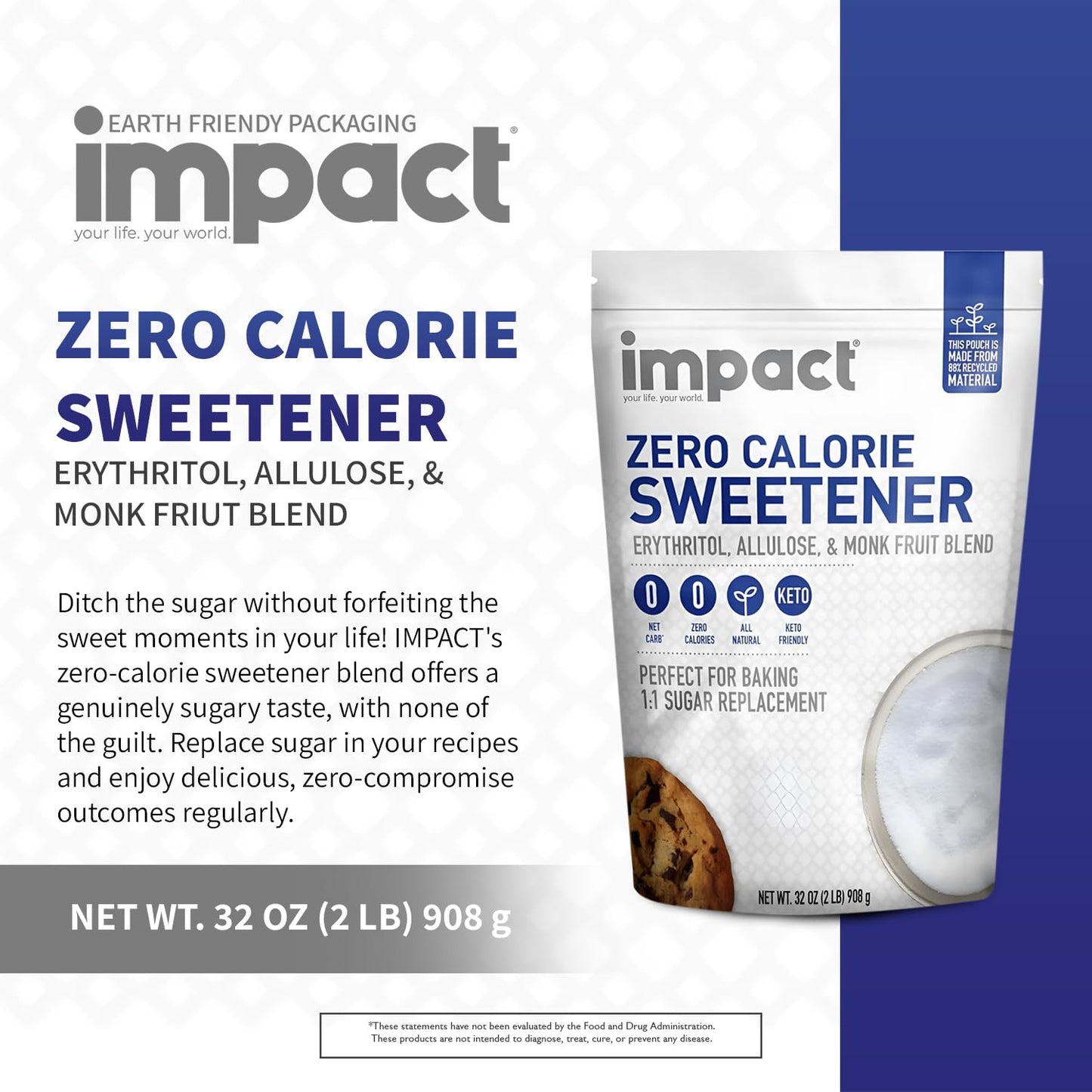 Impact Allulose Sweetener Blend - Gluten Free, Zero Calories, Keto, Vegan - 2lbs