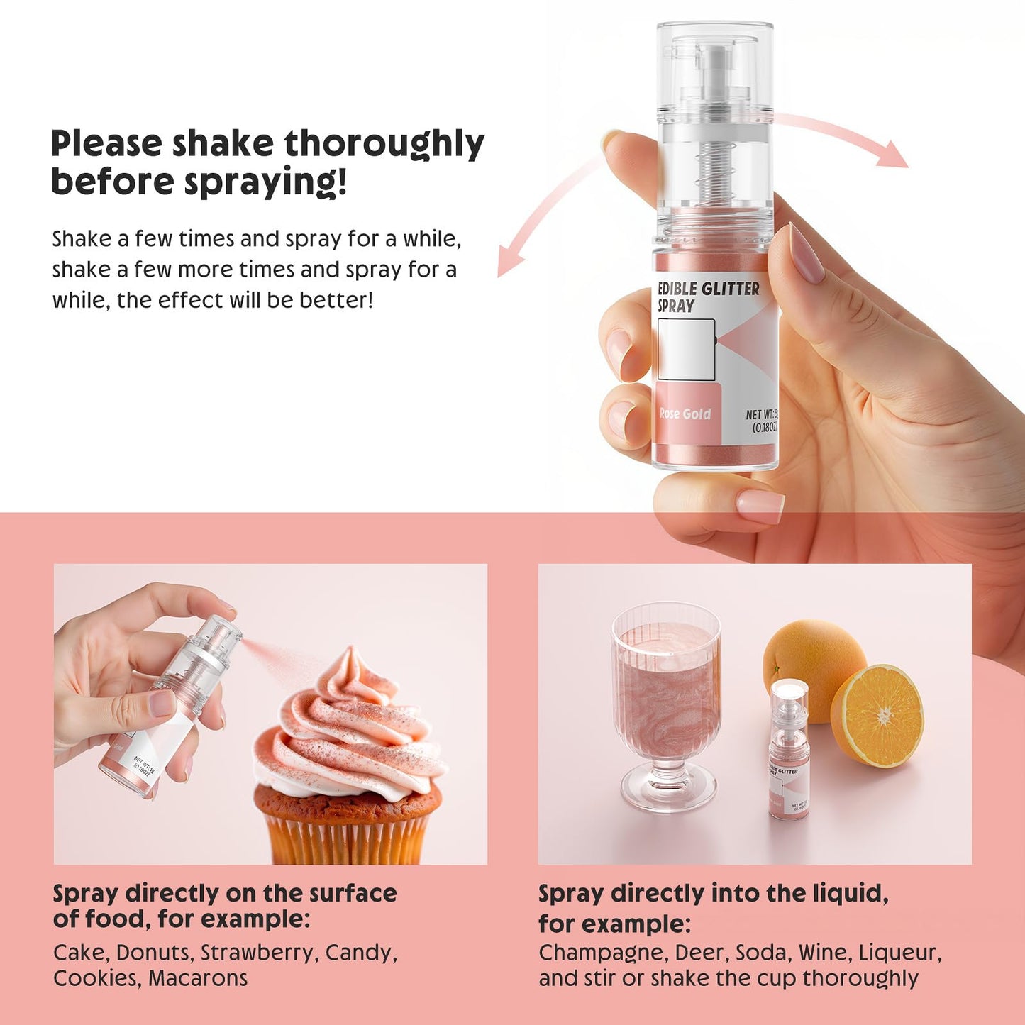 Edible Glitter Spray,Food Grade 5G Edible Glitter For Cake Decorating Desserts, Beverages, Cupcakes, Cake Pops And Cookies - Ros