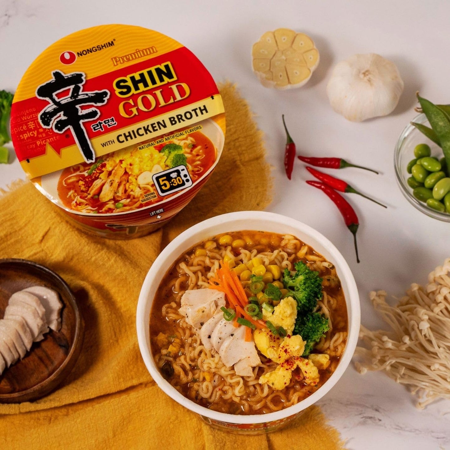 Premium Shin Gold With Chicken Broth Ramen Bowls Bundle. Includes Six - 3.56 Oz Noodle Soup