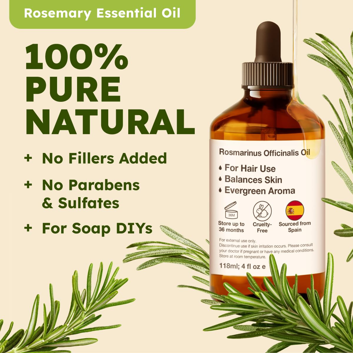 KUKKA Rosemary Hair Oil - 100% Natural Therapeutic Grade, 4 Fl Oz for Hair Growth & Dry Scalp, Aromatherapy Essential Oil