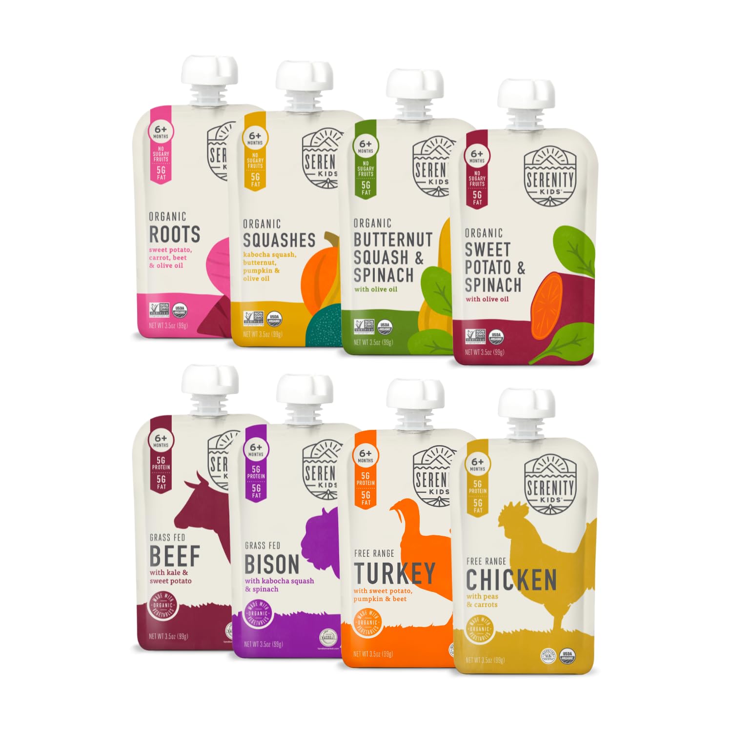 Serenity Kids 6+ Months Baby Food Pouches Puree Made With Ethically Sourced Meats & Organic Veggies - No Sugary Fruits Or Added 