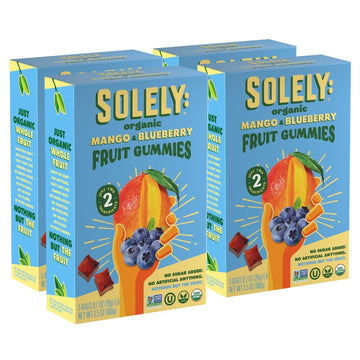 Solely - Organic Mango & Blueberry Whole Fruit Gummies (Pack Of 4 Boxes, 5 Bags Per Box) - Real Fresh Fruit - Healthy Snacks For