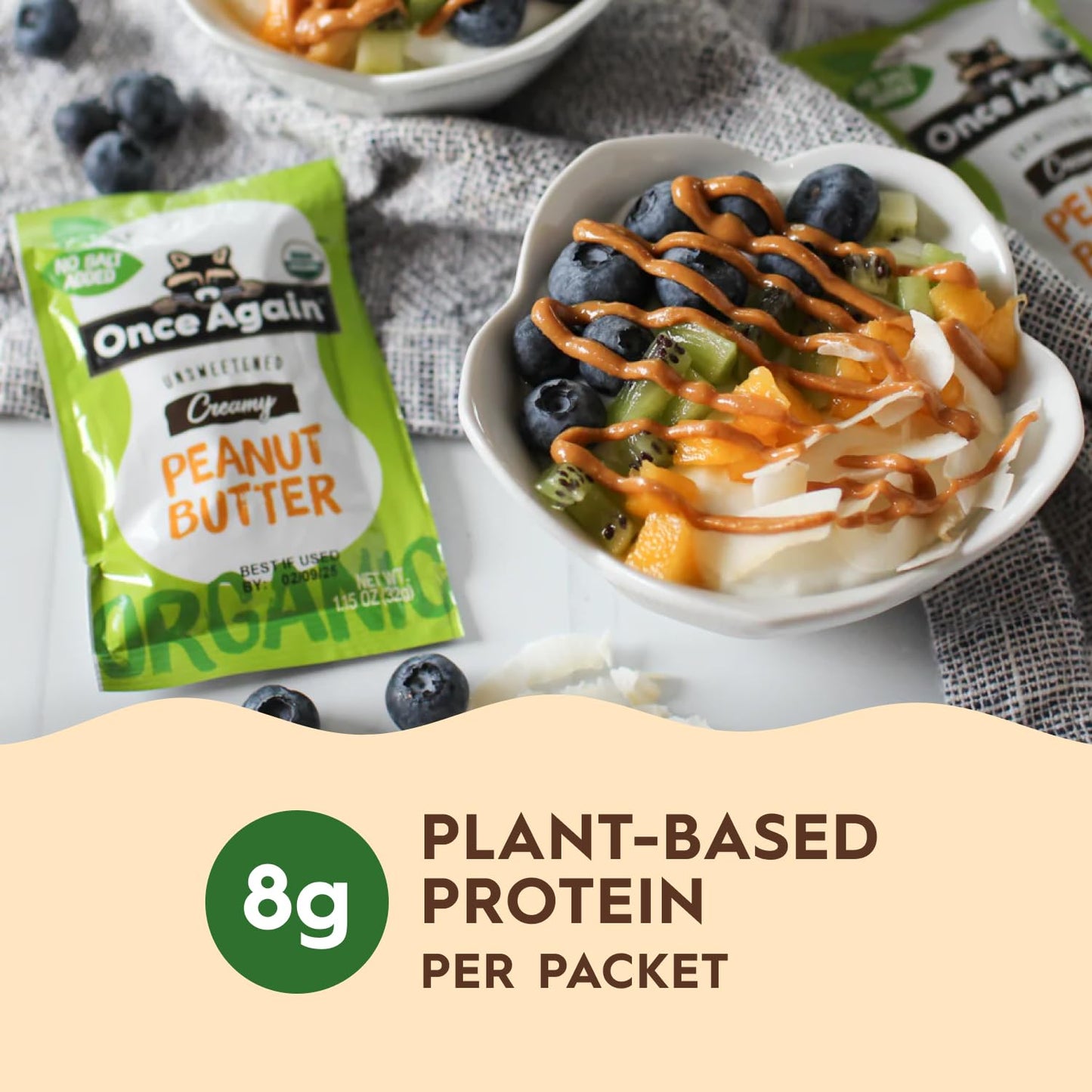 Once Again Organic creamy Peanut Butter - 1.15oz Squeeze Packs 10 count - Salt Free Unsweetened - USDA Organic gluten Free certi