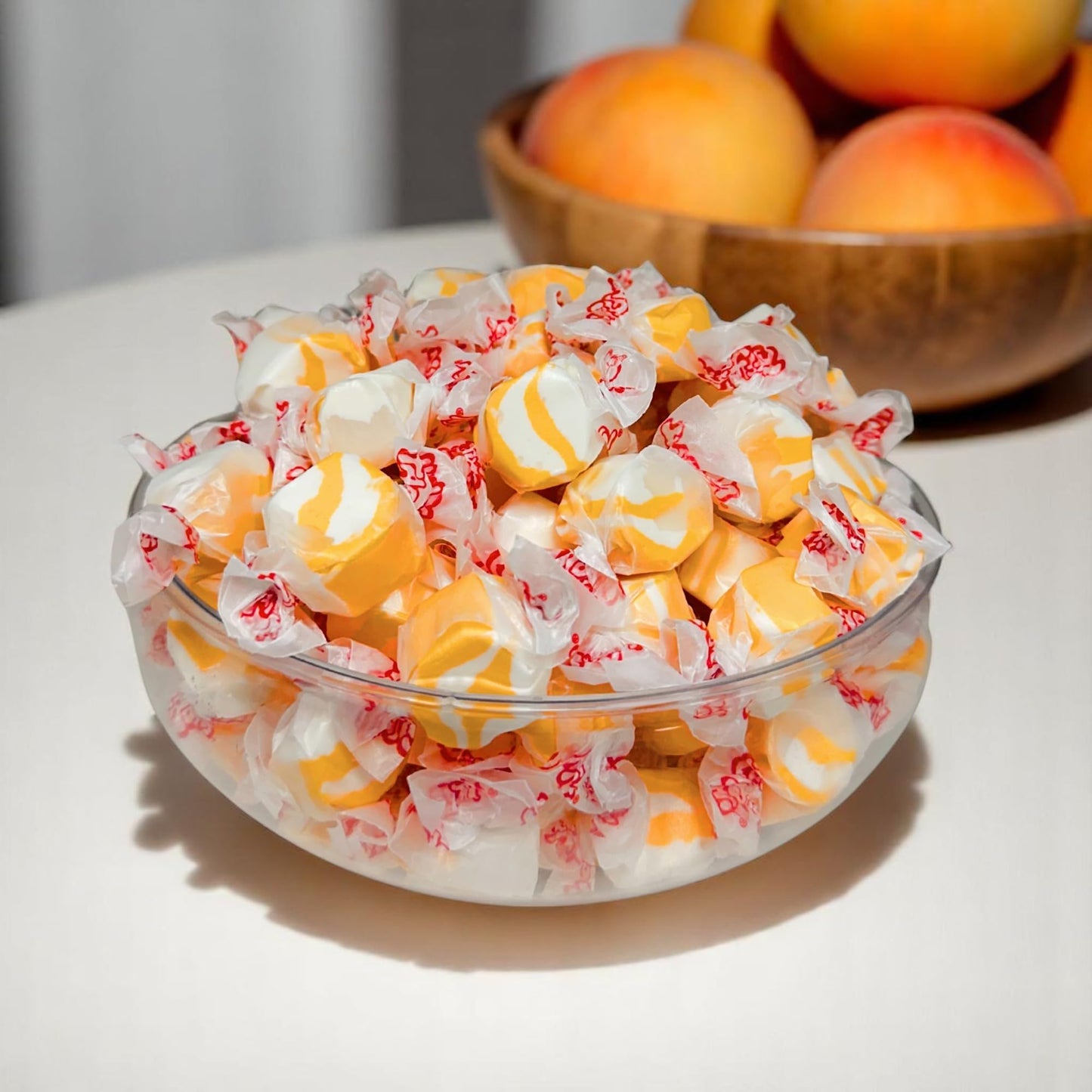 Premium Peaches N Cream Saltwater Taffy Chewy Candy Sweet Peach Flavor Bulk 1 Lb Bag 60+ Pieces Individually Wrapped, Nut & Glut